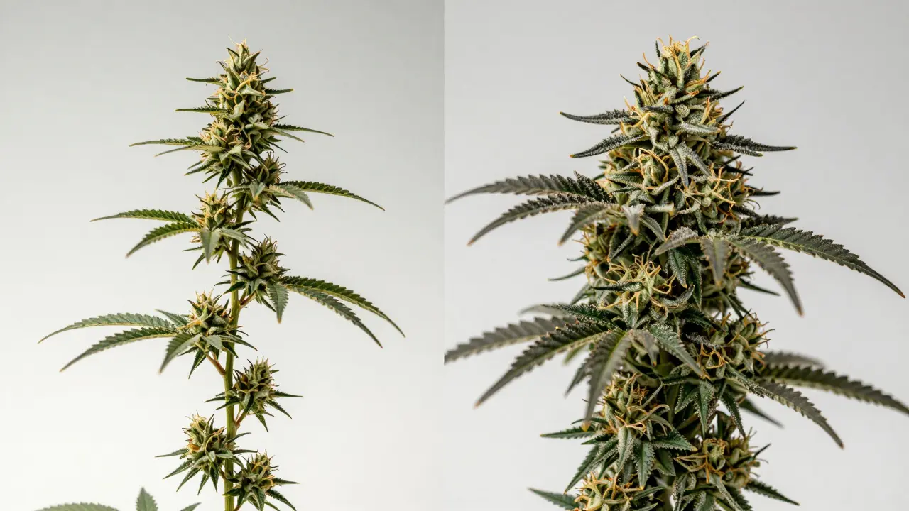 Vergleich zwischen einer schlanken Pure Sativa Pflanze und einer kompakten Sativa-Hybride.