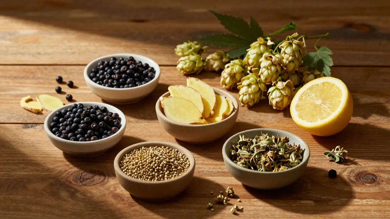 Botanische Zutaten wie Wacholder und Ingwer für hopfenloses Bier