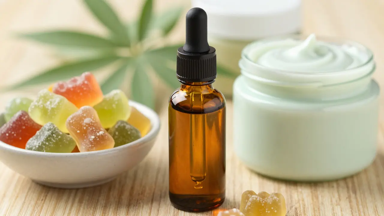 CBD-Ölflasche, Gummibärchen und Lotion für Wellness