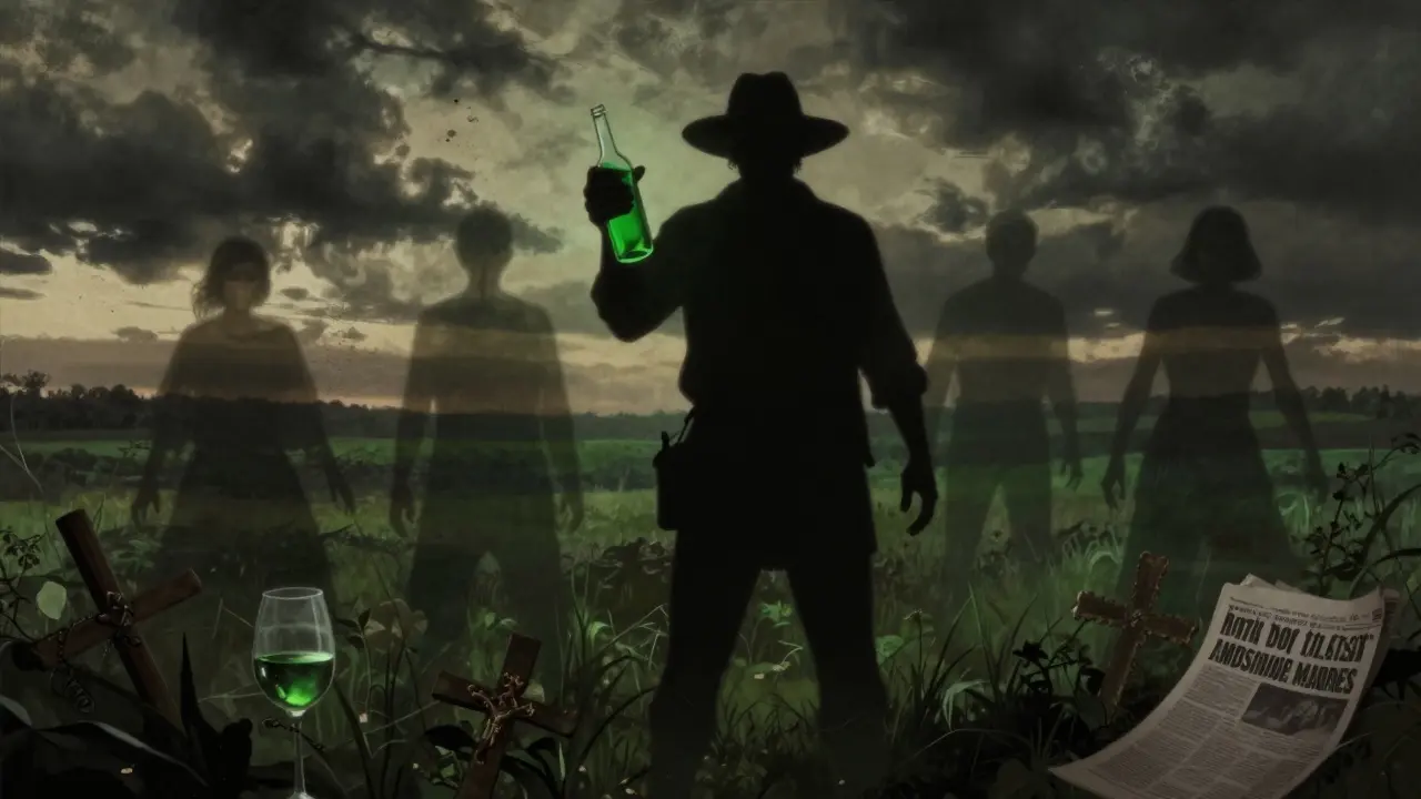 Dramatische Darstellung des Wahnsinn-Mythos um Absinthe mit schattigen Figuren