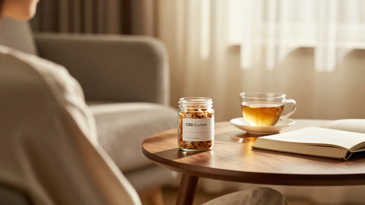 Entspannte Person im Wohnzimmer mit einer Dose CBD-Crumble und Tee