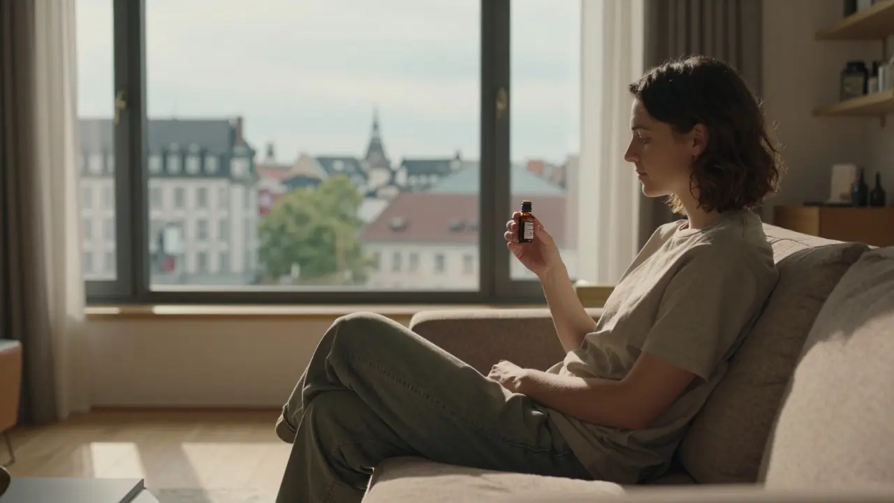 Entspannte Person mit Tinktur im sonnigen Wohnzimmer