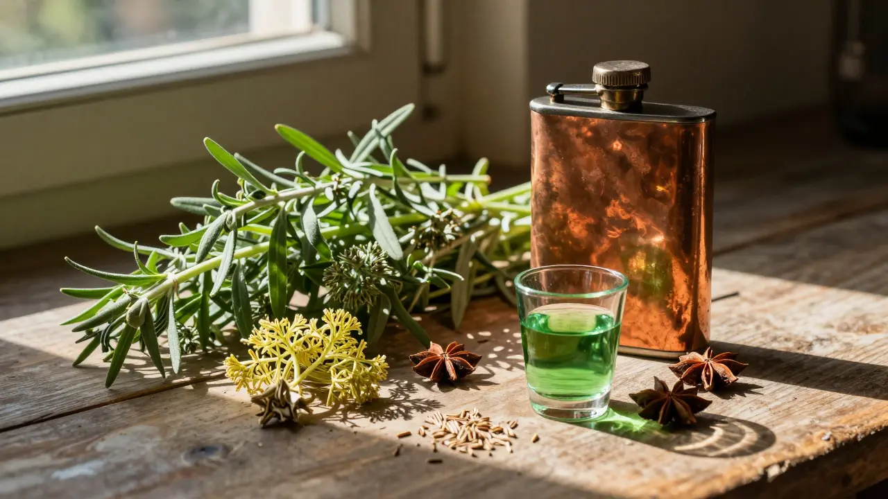 Frische Kräuter wie Wermut und Fenchel neben einer Flasche Absinthe im warmen Licht.