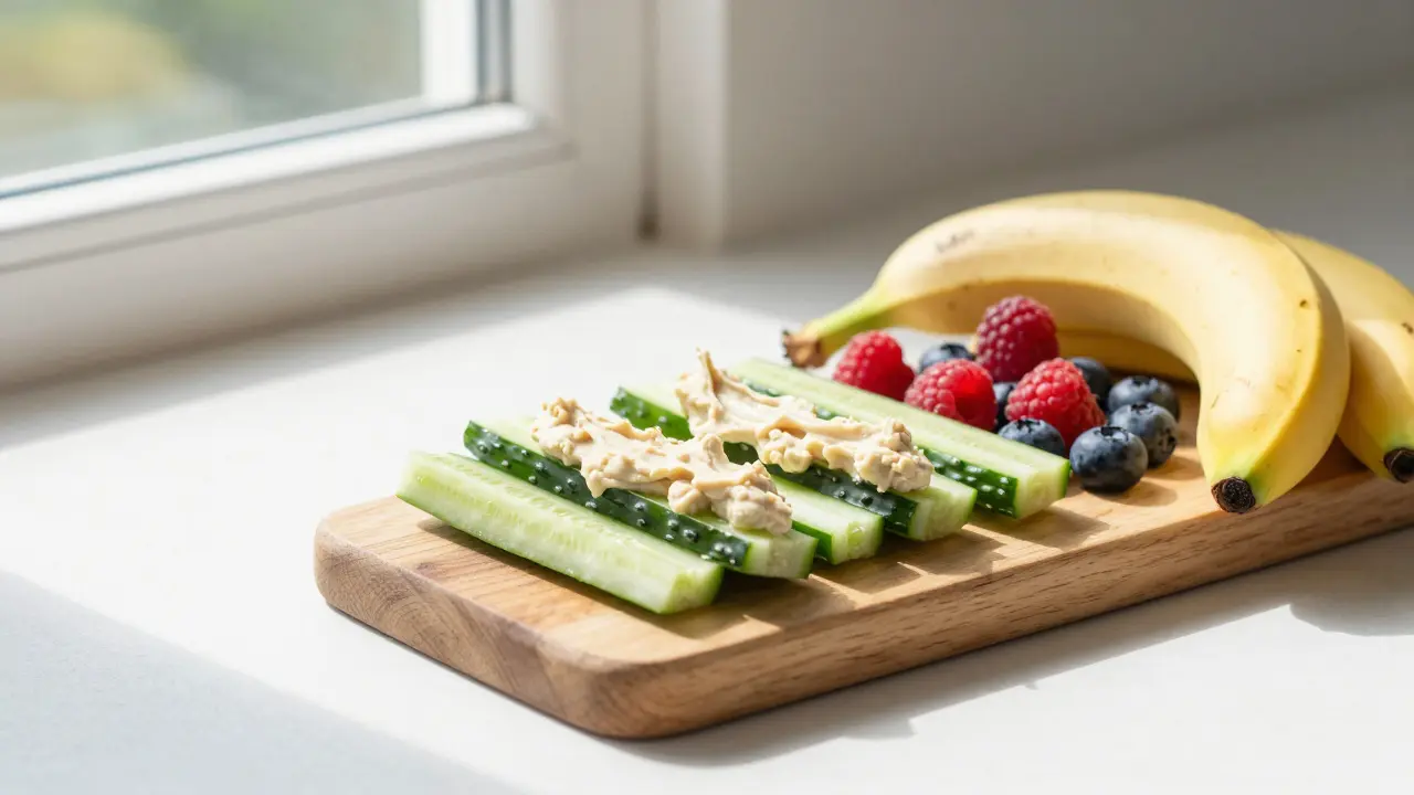 Gurkensticks mit Hummus und frischem Obst