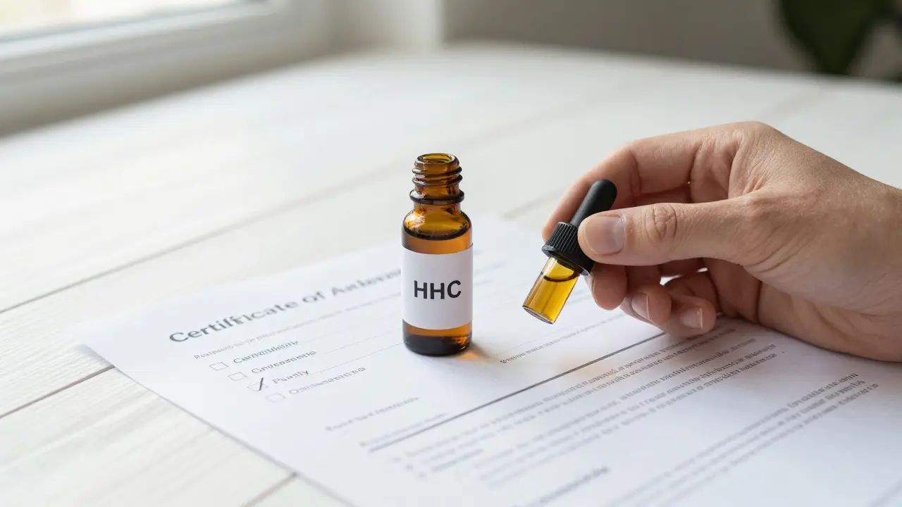 Hand hält HHC-Öl neben Labortest-Zertifikat auf Tisch