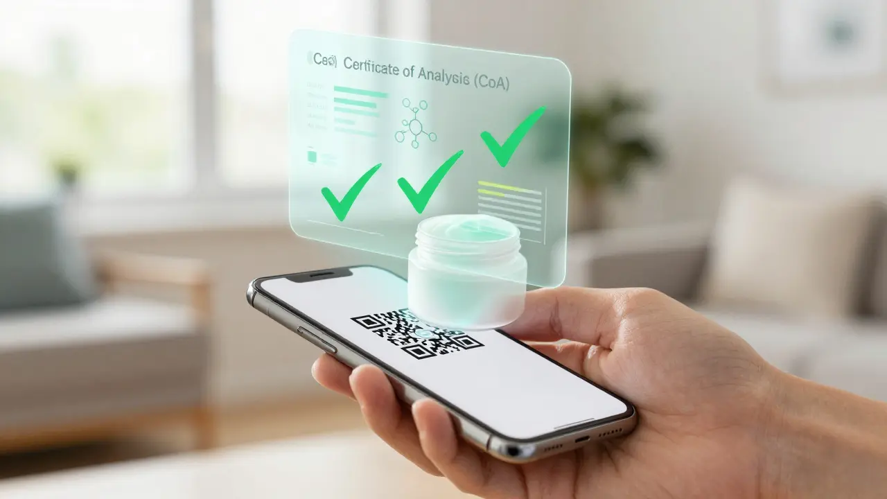 Hand scannt QR-Code für Laboranalyse einer CBD-Creme