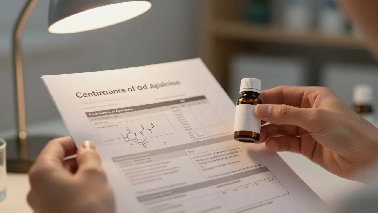 Hände halten ein Cannabinoid-Produkt über einem Laborzertifikat