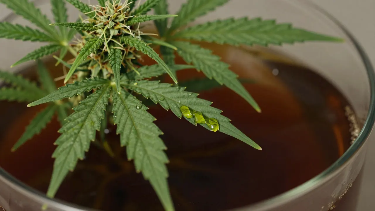 Hanfblätter und CBD-Öl-Tropfen beim Brauen von Cannabis-Bier