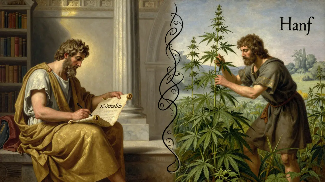 Historische Darstellung griechischer und germanischer Cannabis-Begriffe in einer geteilten Szene.