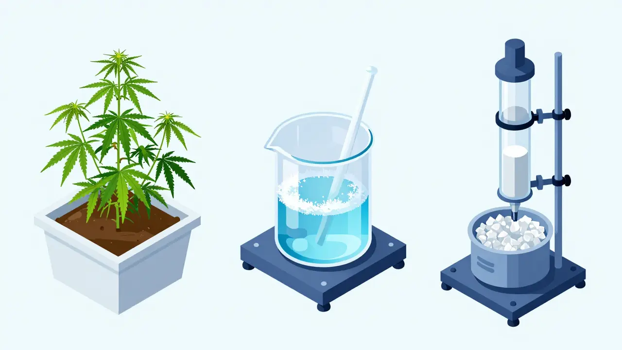 Illustration des Herstellungsprozesses: Extraktion, Winterisierung und Destillation von CBD