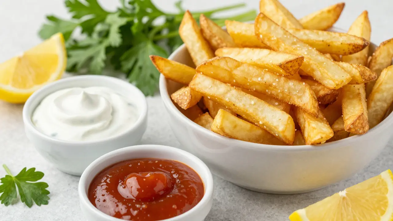 Knusprige Pommes mit Dip-Saucen auf einem Tisch