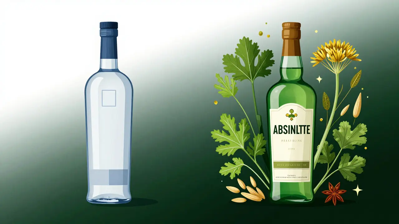 Kreativer Vergleich zwischen neutralem Wodka und komplexem Absinthe mit Kräutern.