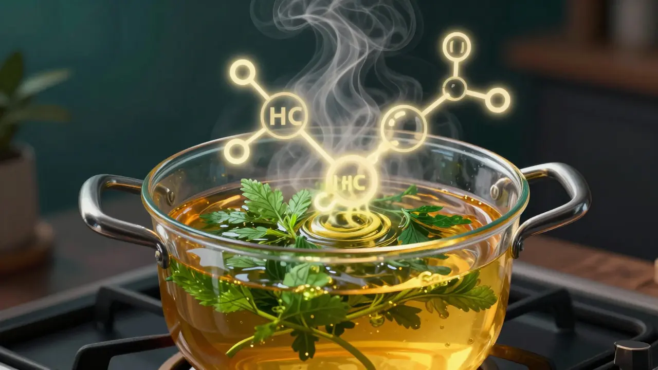 Künstlerische Darstellung der Decarboxylierung von Cannabis in Fett
