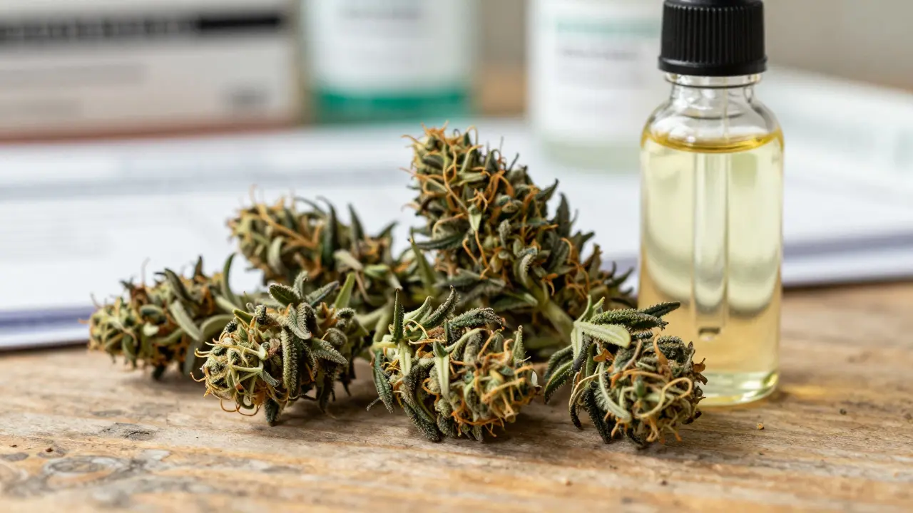 Legale CBD-Blüten und Ölflasche auf Holzoberfläche