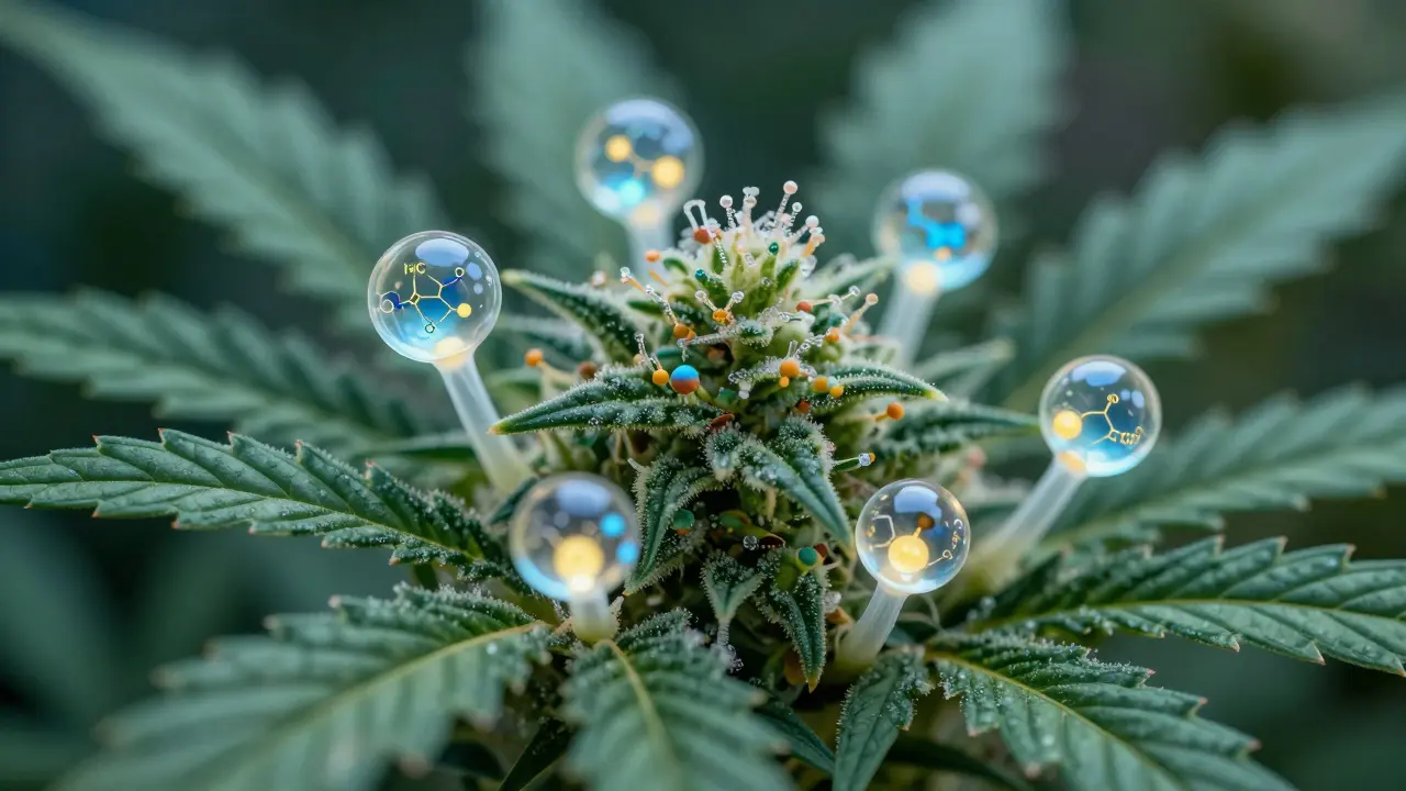 Makroaufnahme von Cannabistrichomen mit Molekülstruktur
