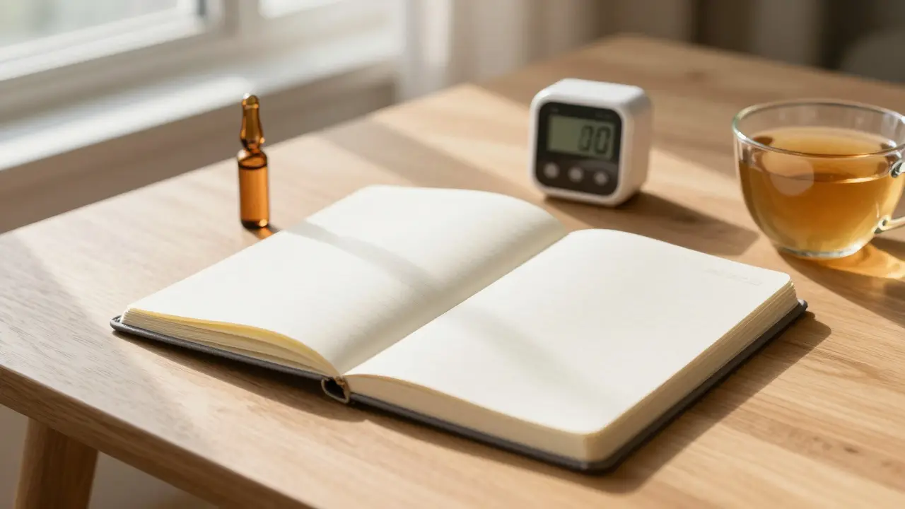Minimalistisches Tischarrangement mit Notizbuch und Ölflasche zur Dosierung