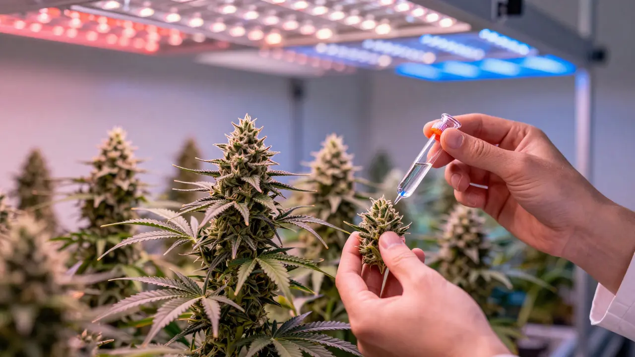 Moderne Indoor-Cannabis-Kultur mit Pflanzen unter LEDs und Qualitätstest-Fläschchen.