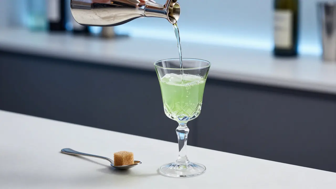 Moderne Zubereitung von Absinthe mit dem typischen Louche-Effekt im Glas