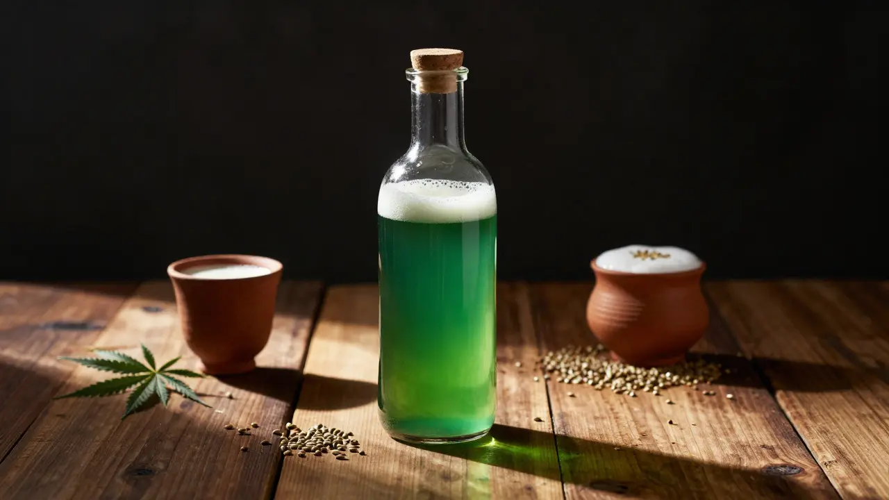 Modernes Cannabis-Getränk neben traditioneller indischer Bhang-Lassi auf einem Holztisch.