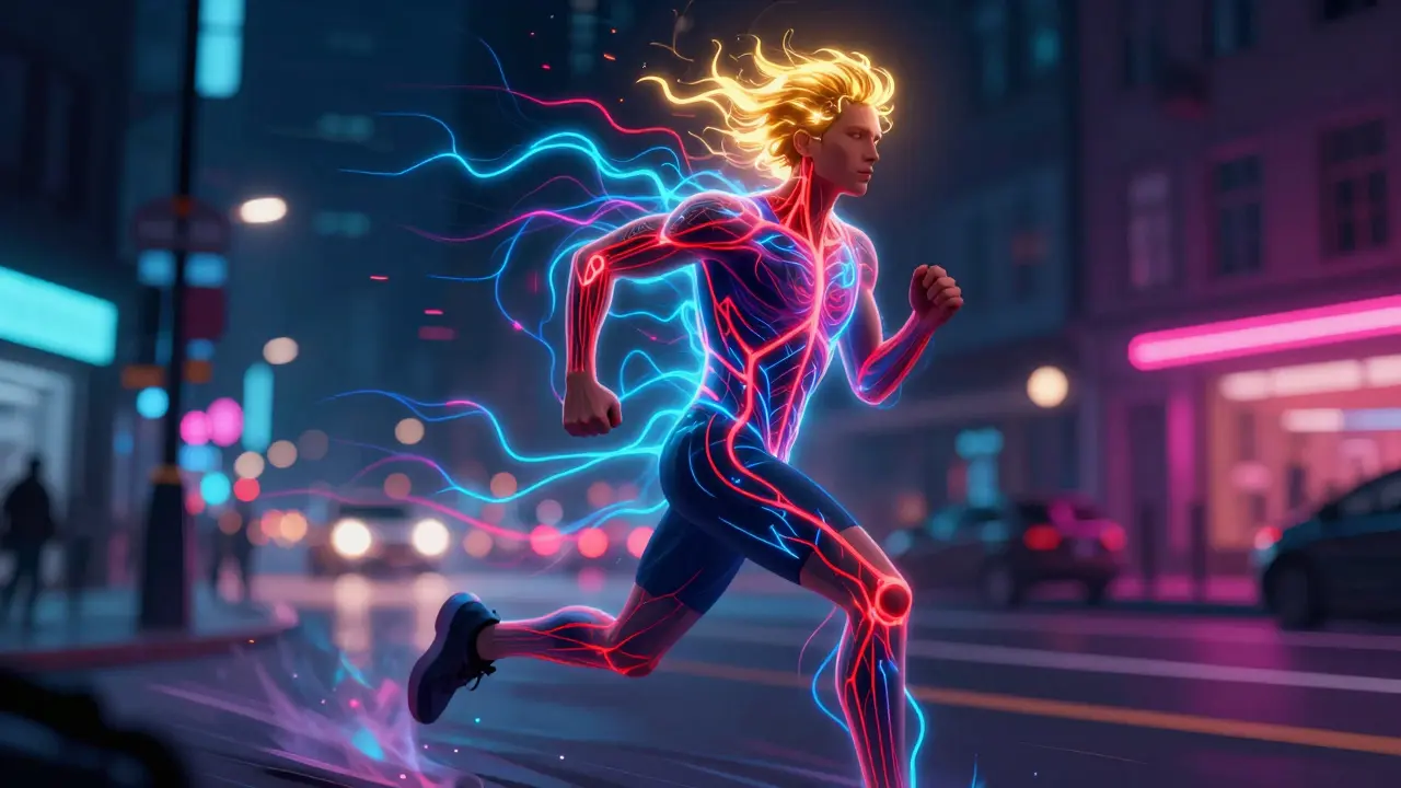 Person jogging with glowing energy effects in city