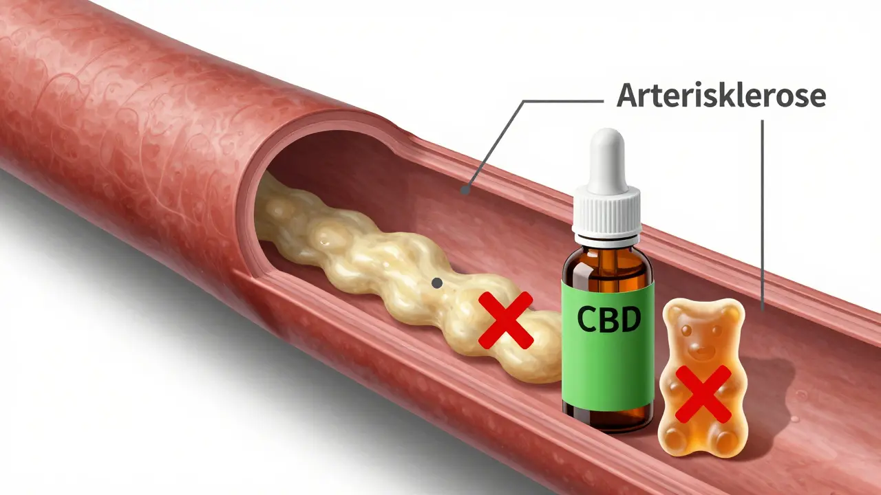 Schnitt durch Arterie mit Plaque, CBD-Produkte daneben mit rotem X
