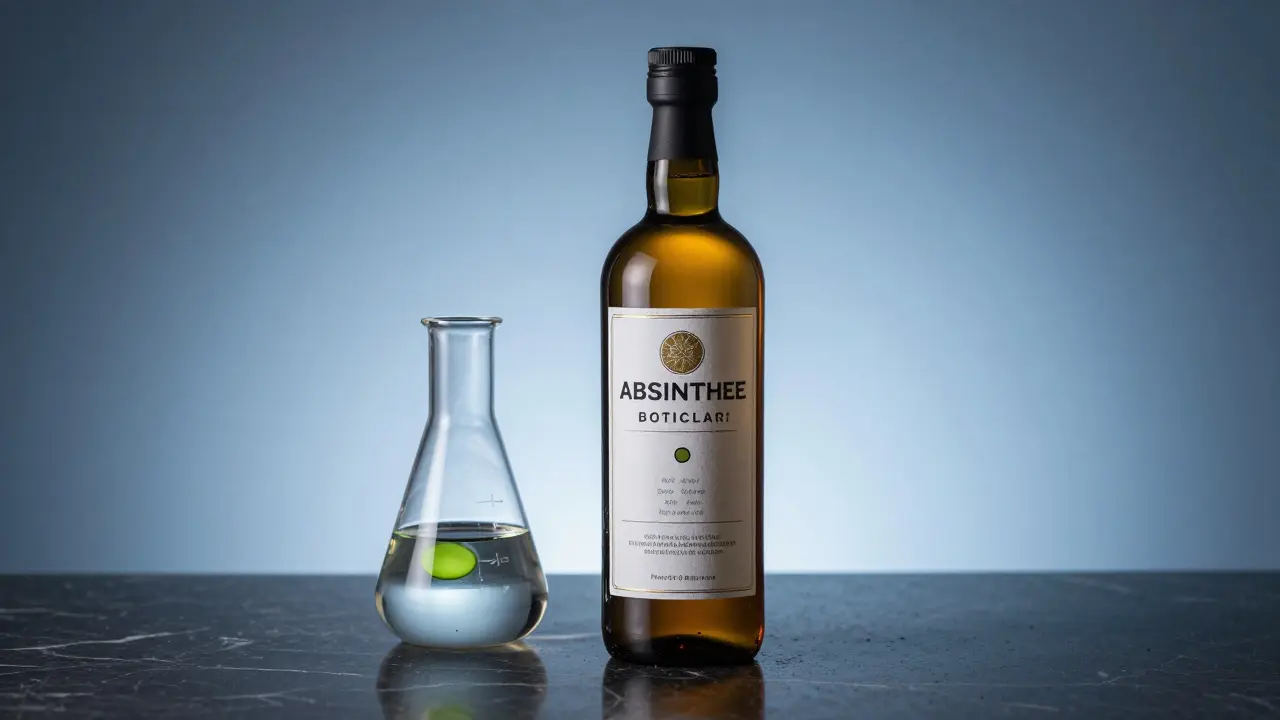 Absinthflasche neben Laborglas, Darstellung wissenschaftlicher Regulierung