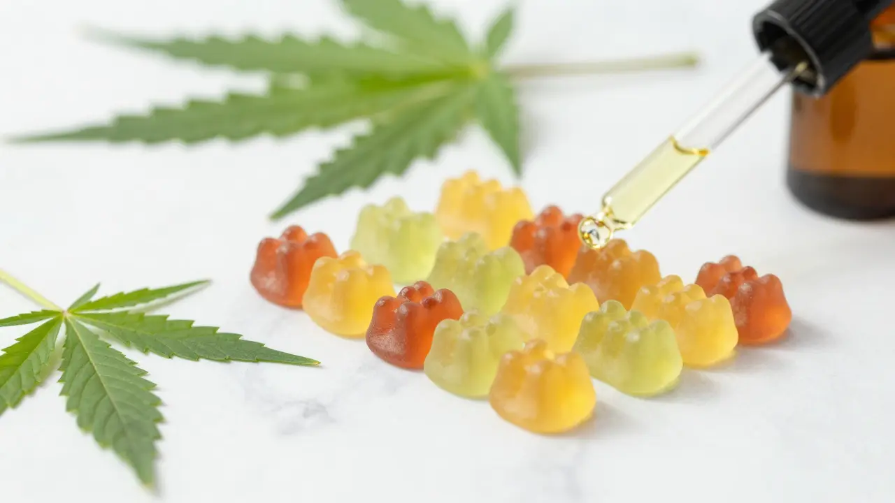 Bunte cbd-gummibärchen neben hanfblättern auf marmoroberfläche