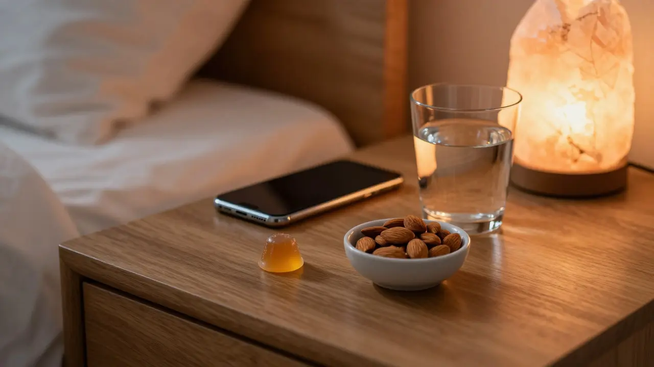 CBD-Bonbon mit Mandeln und Wasser für eine entspannte Abendsroutine