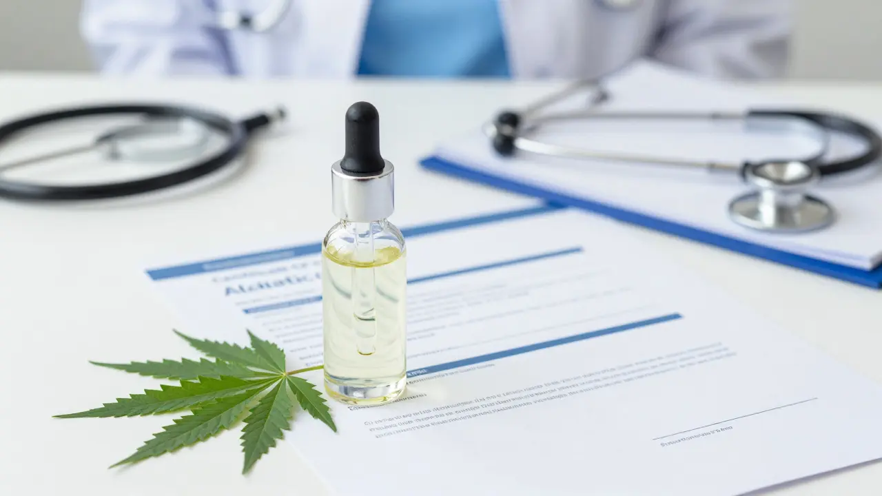 CBD-Flasche neben Laborzertifikat auf Tierarzt-Tisch