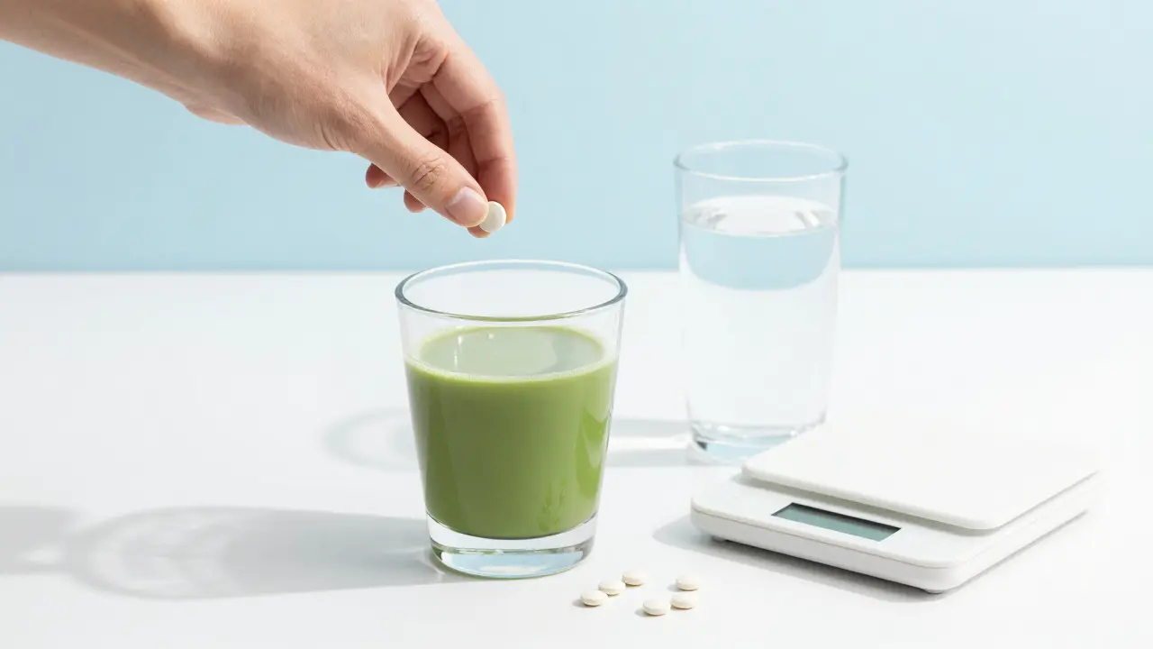 CBD-Pellet wird diskret in ein Getränk gegeben, Symbol für einfache Dosierung