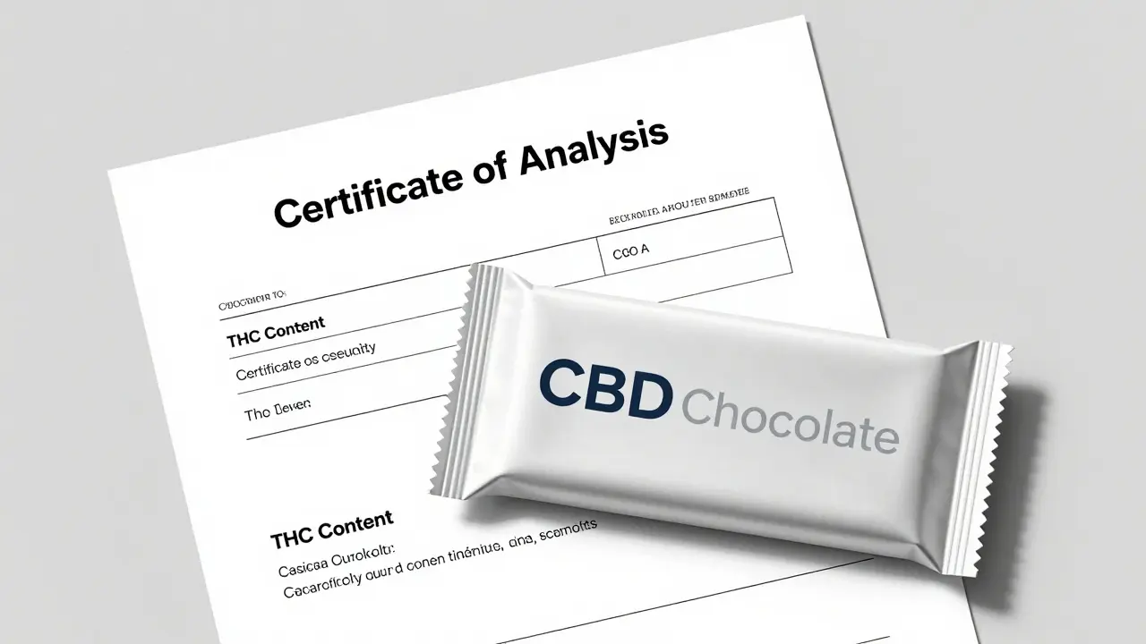 CBD-Schokolade neben Laborzertifikat für Qualität