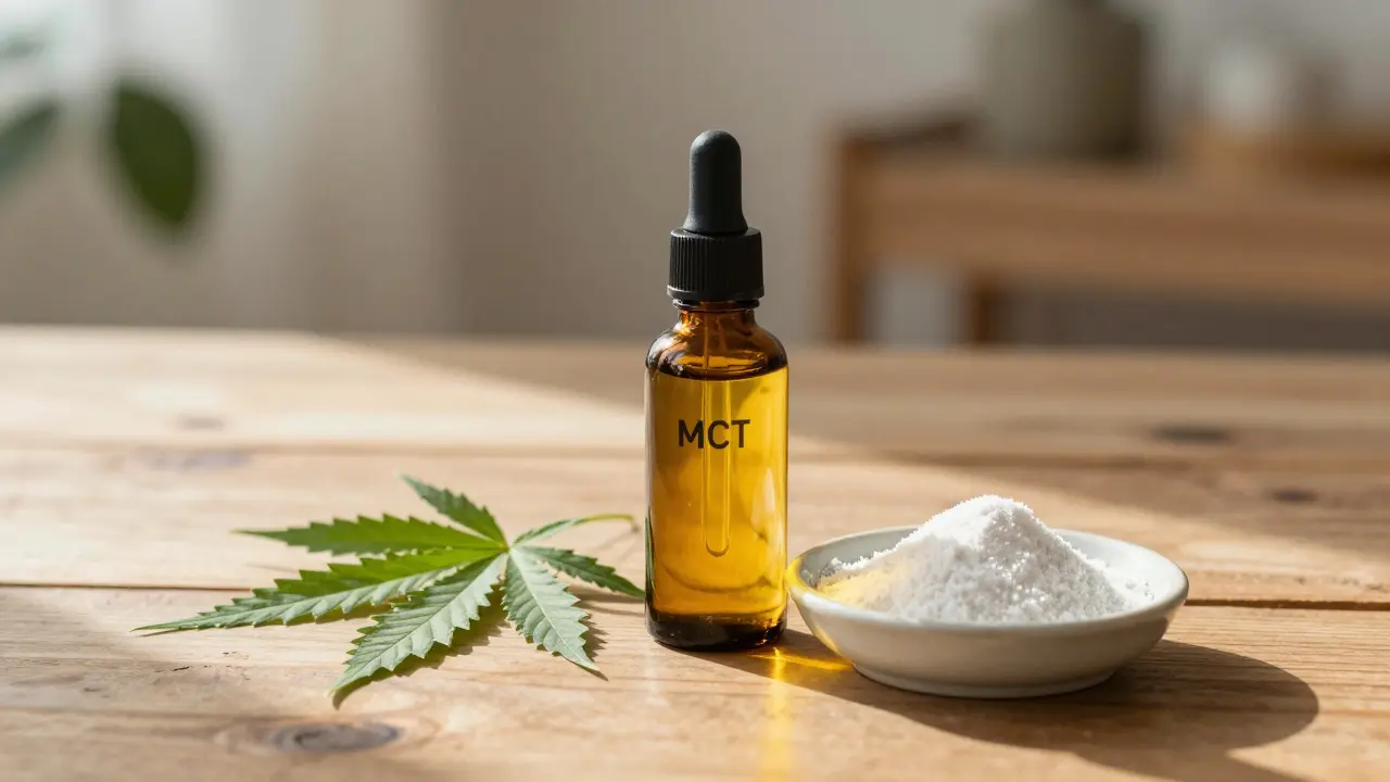Dunkle Glasflasche mit Öl und weißem CBD-Pulver auf Tisch