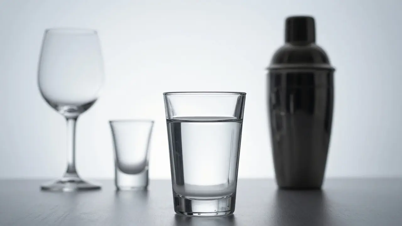 Ein Glas Wasser im Vordergrund vor unscharfen alkoholischen Getränken, Symbol für Sicherheit und Maßenhalten.