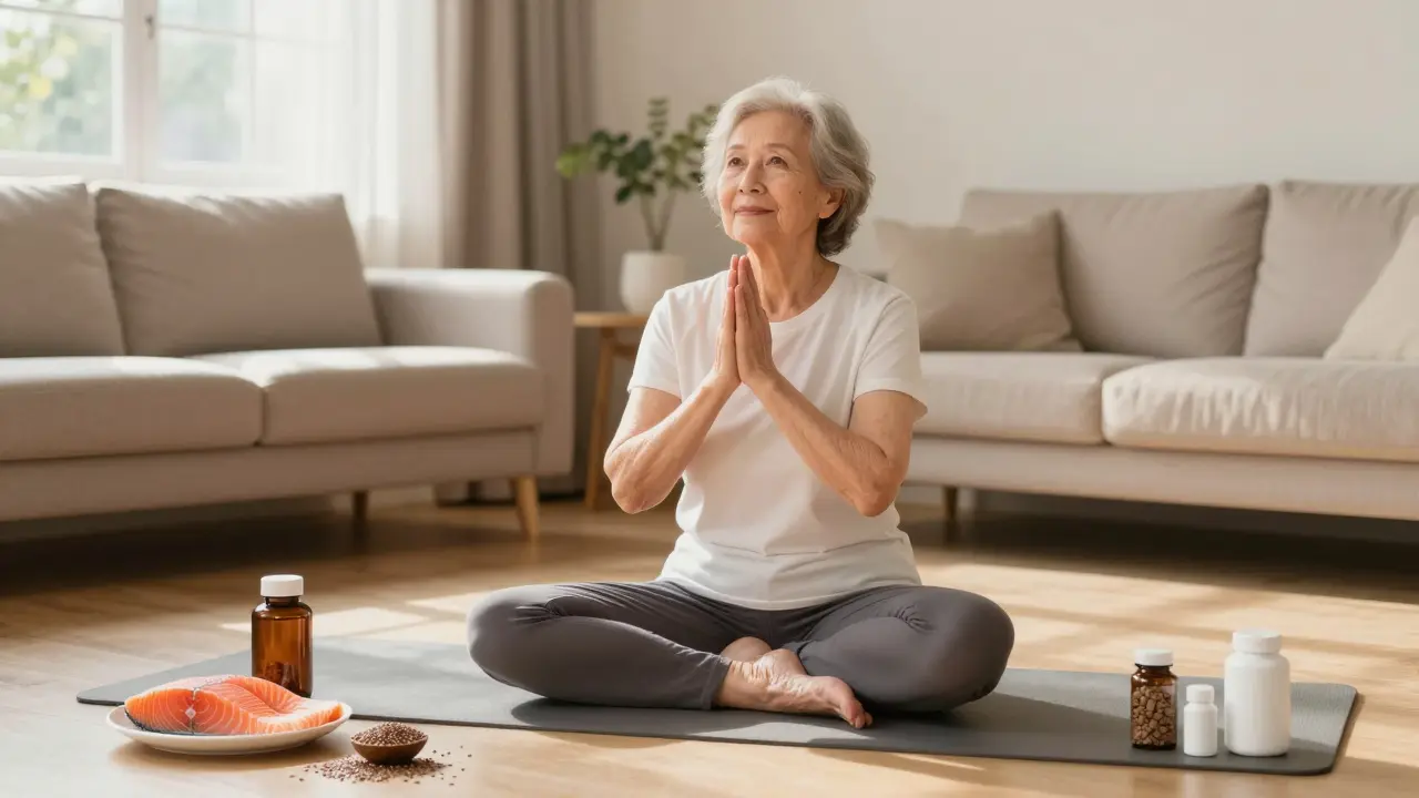 Frau macht sanfte yoga-übungen für gelenkgesundheit zu hause