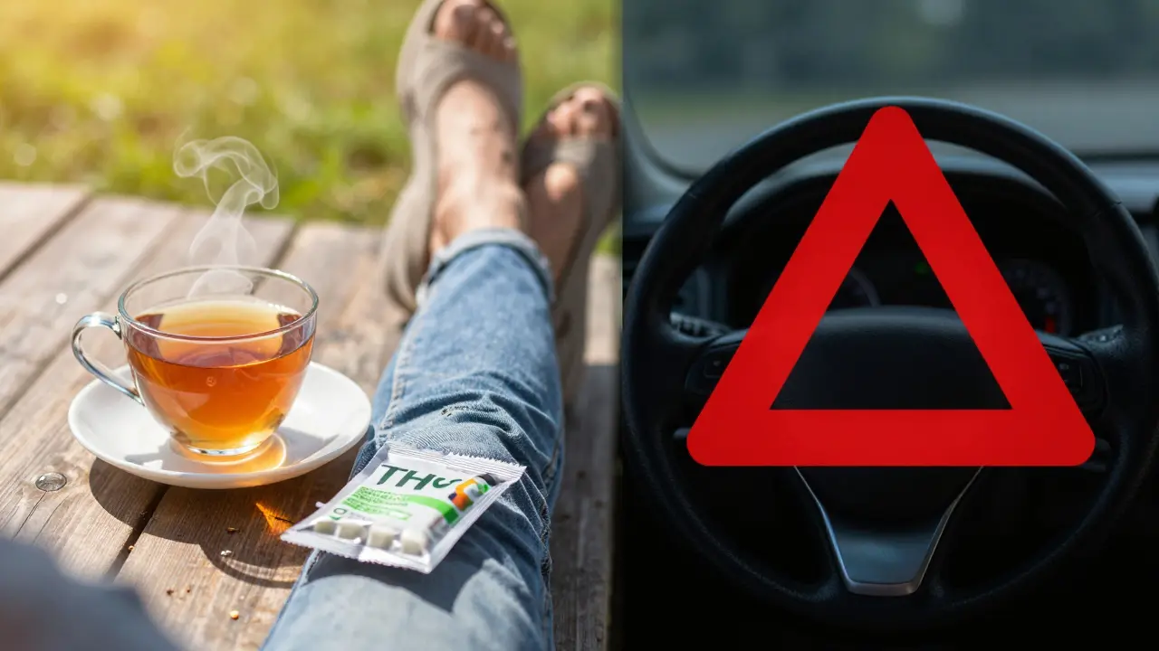 Kontrastbild: Entspannung mit CBD-Gummi versus Warnung vor Fahren unter THC