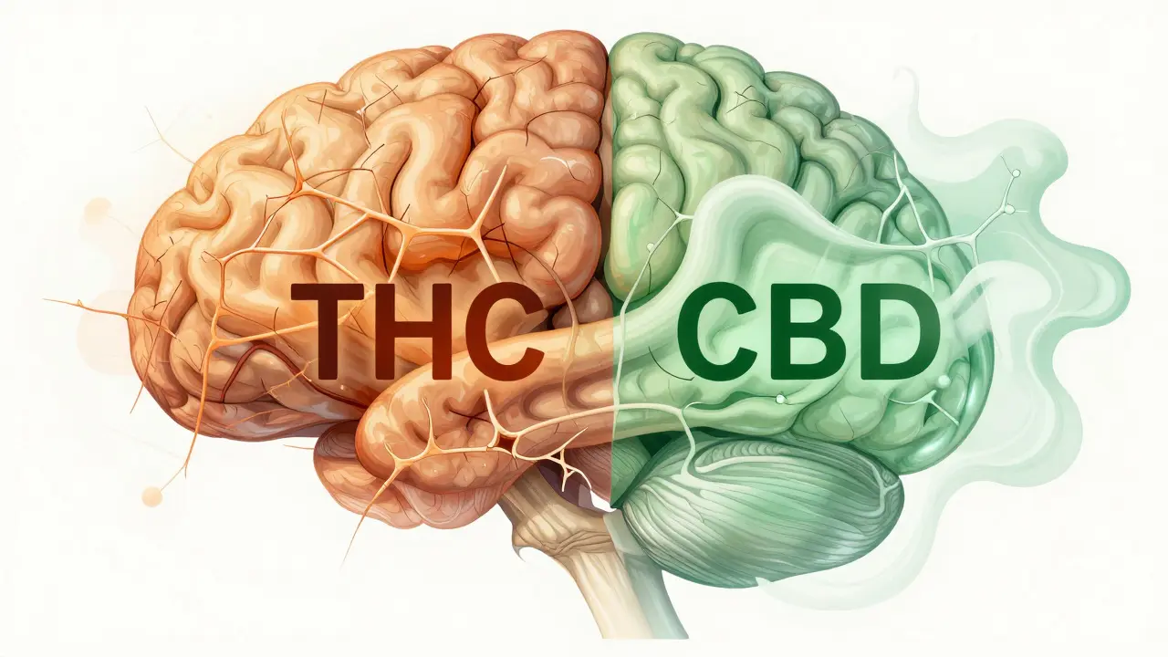 Kunstwerk: Vergleich von chaotischem THC und ruhigem CBD im Gehirn