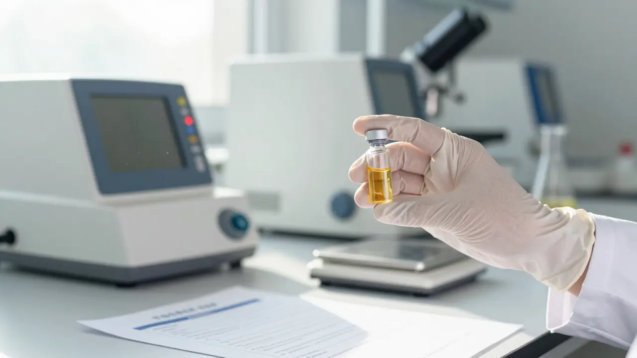 Laborumgebung mit Hanfölprobe und Analysegeräten für Qualitätskontrolle