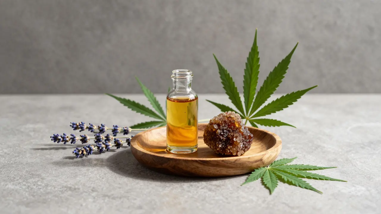 Minimalistische Aufnahme von CBD-Öl und Crumble auf Holztablett