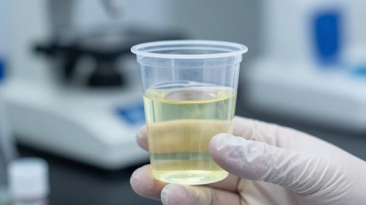 Nahaufnahme eines Urinprobenbechers im Laborumfeld