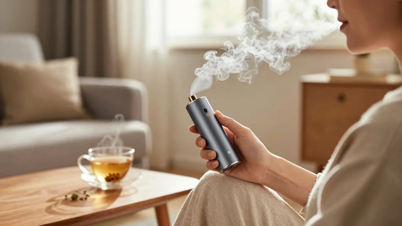 Person entspannt mit Vaporizer in einem sonnigen Wohnzimmer