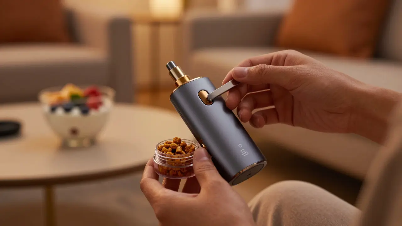 Person hält Vaporizer neben CBD-Crumble für schnelle Anwendung
