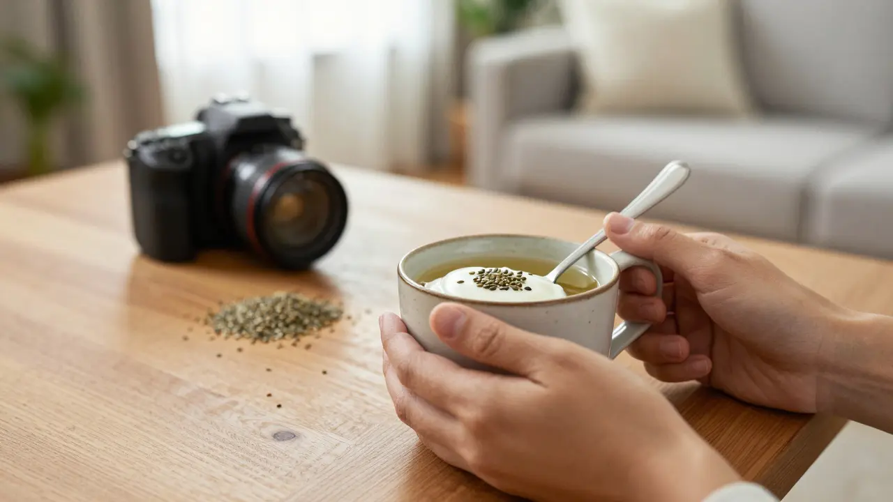 Person trinkt Tee neben Joghurt mit Hanfsamen am Holztisch