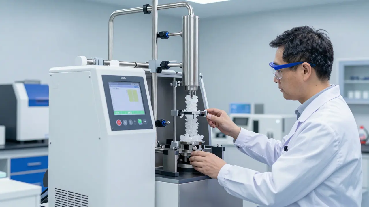 Professionelles Labor mit CO2-Extraktor und weißen Kristallen