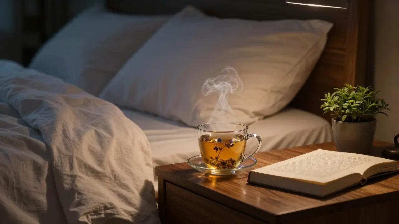 Ruhiges Schlafzimmer mit Kräutertee und Buch als natürliche Schlafhilfe