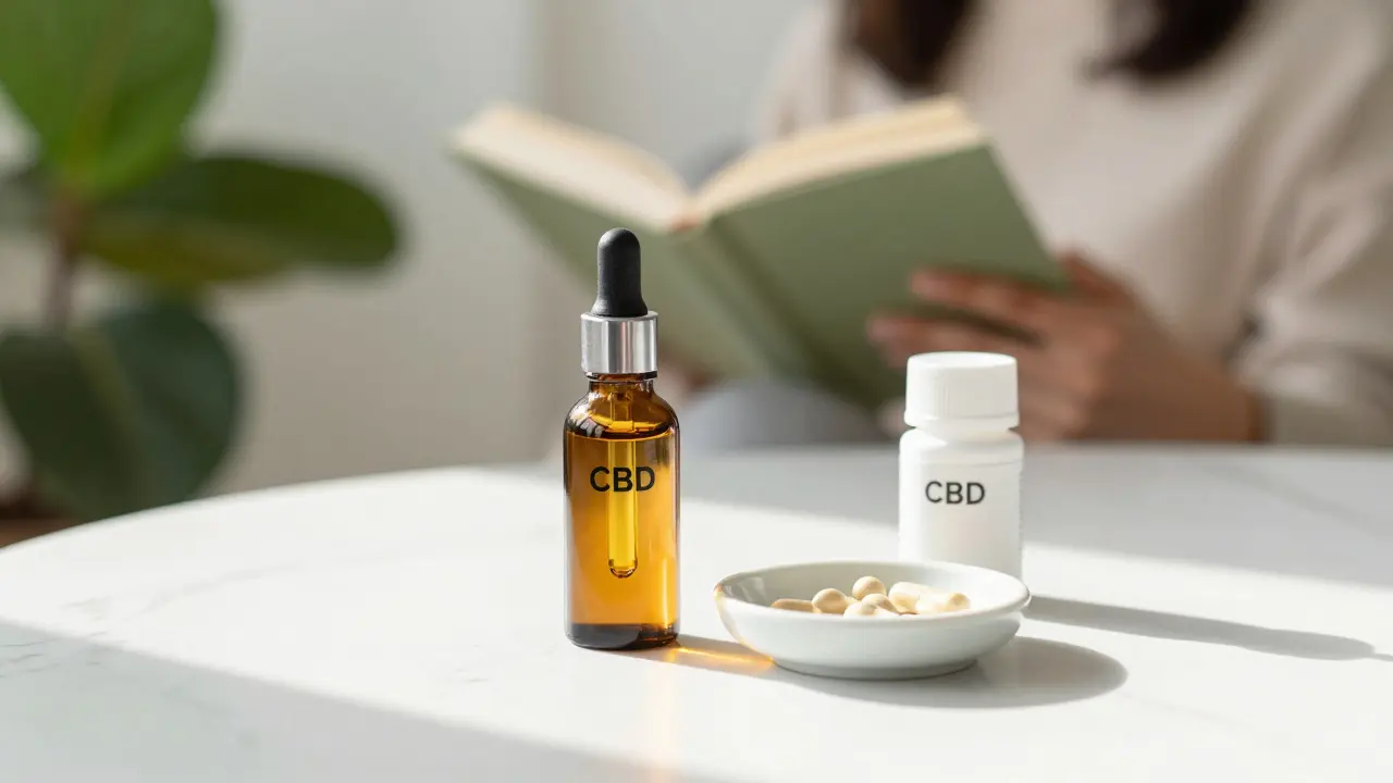 Sichere CBD-Alternativen: Öl-Tropfer und Kapseln auf hellem Tisch bei natürlichem Licht