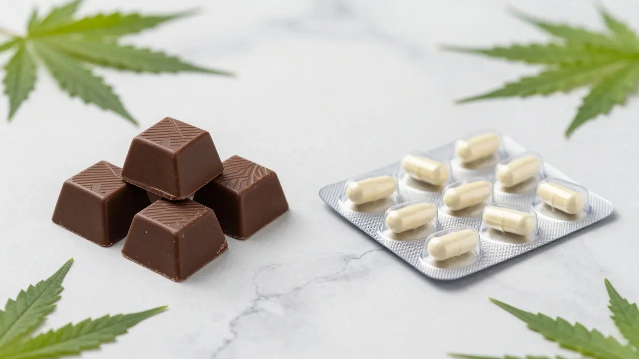 Vergleich von CBD-Pralinen und CBD-Kapseln auf Marmor
