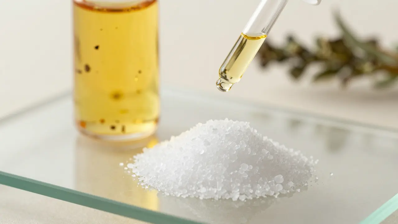 Vergleich von reinen CBD-Kristallen und Vollspektrum-Öl auf Glasoberfläche