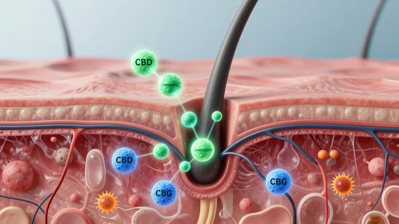 3D render of CBD/CBG molecules penetrating hair follicles