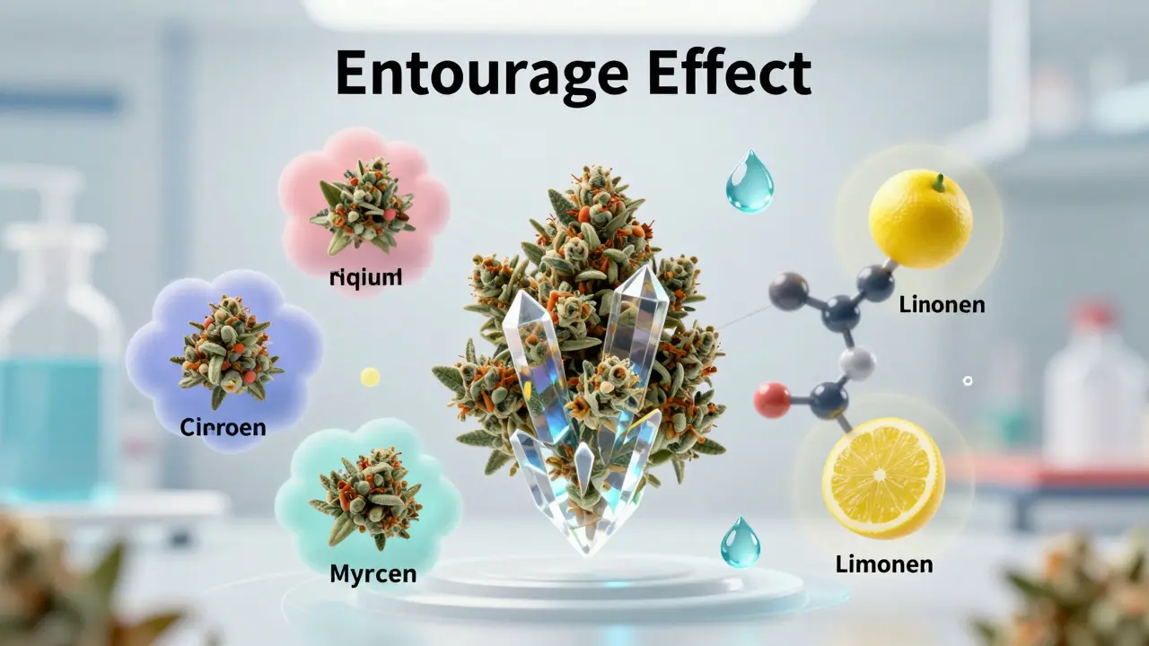 Abstrakte Darstellung des Entourage-Effekts mit CBD-Molekülen und Terpenen