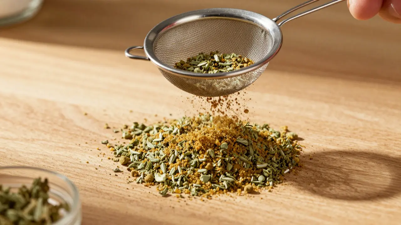 CBD Crumble wird mit einem Sieb auf Kräuter gestreut